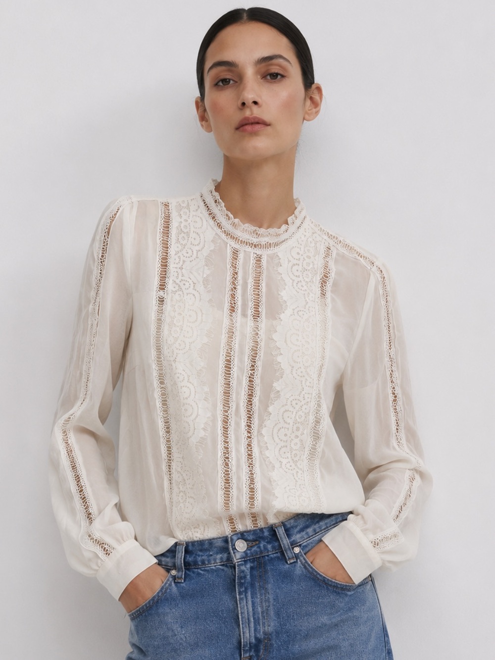 Airlie Carlie Eyelash Lace Mock Neck Semi Sheer Blouse in Cream